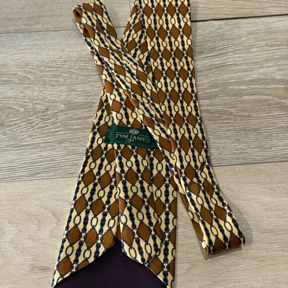 Vintage Tom James Men's Silk Tie Brown Blue Chain Pattern - Picture 2 of 3